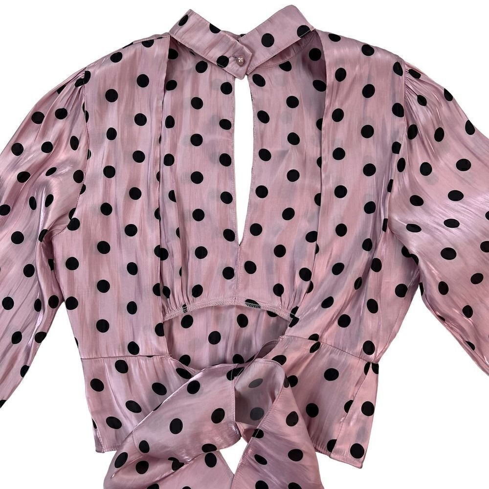 Pre-Loved Deco Lux Open Back Blouse Long Sleeve Crop Top Purple Black Dots US S - Picture 3 of 14